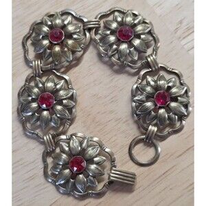 Vintage PR.ST.CO Bracelet -  Flowers and Red stones - Gold on Sterling - 1934-42